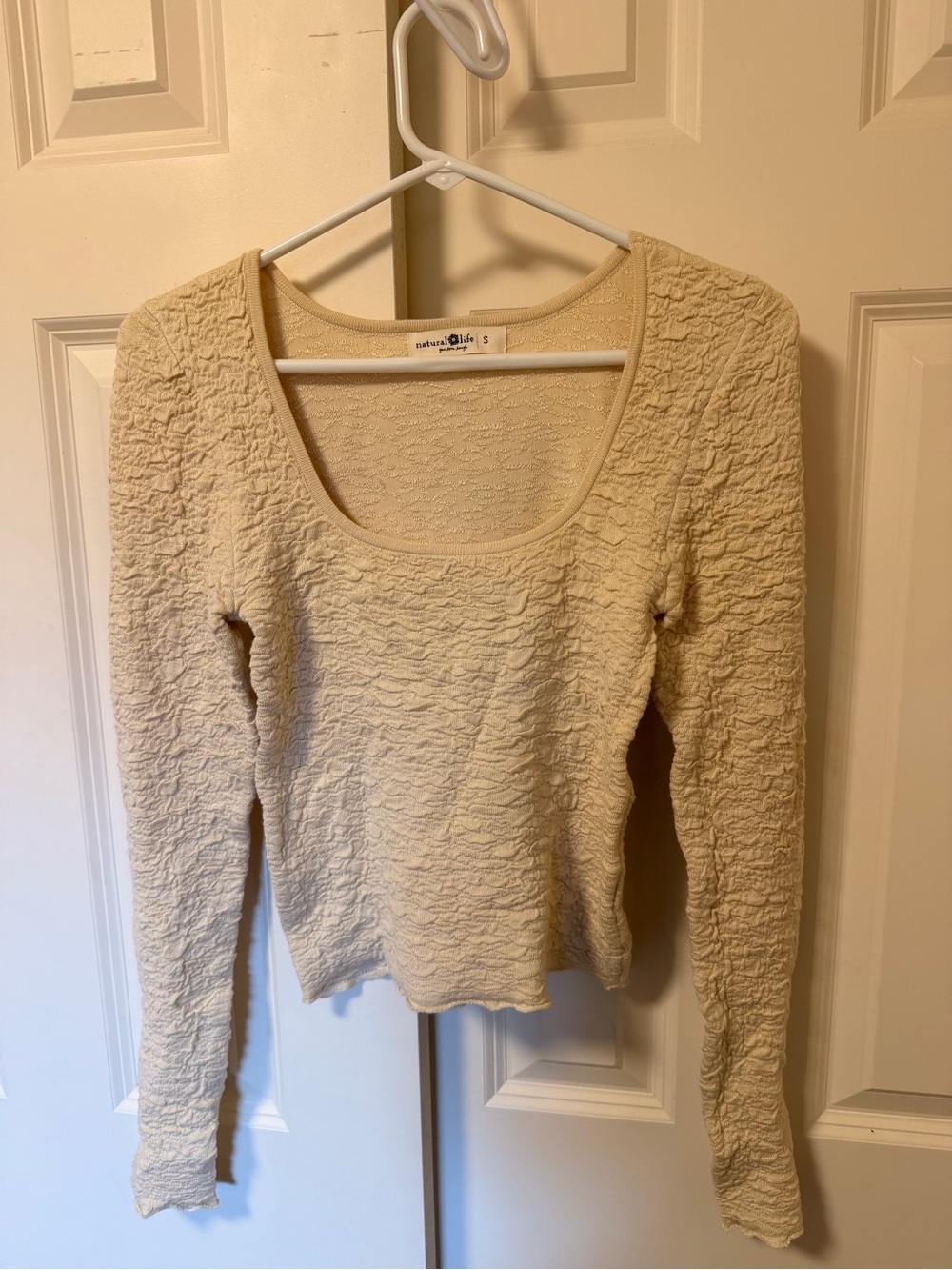 NATURAL LIFE Cream Textured Scoop Neck Long Sleeve Top
